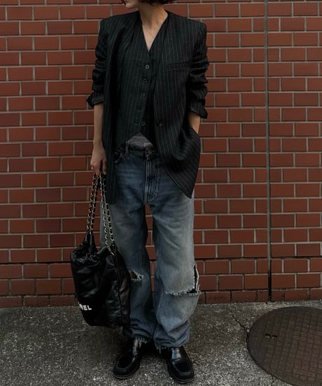 pinstripe collarless jacket&vest