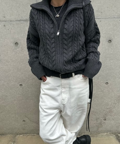 wool blend zip up cable knit