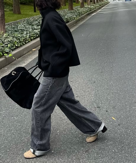 stand collar short coat(gray/black)