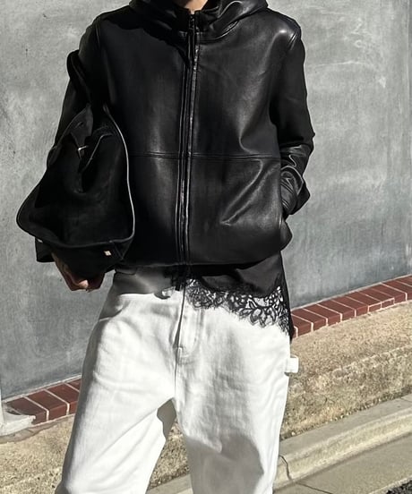 hooded leather blouson(black)