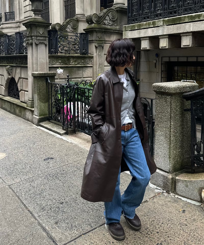 classic leather coat middle length | ok.soon