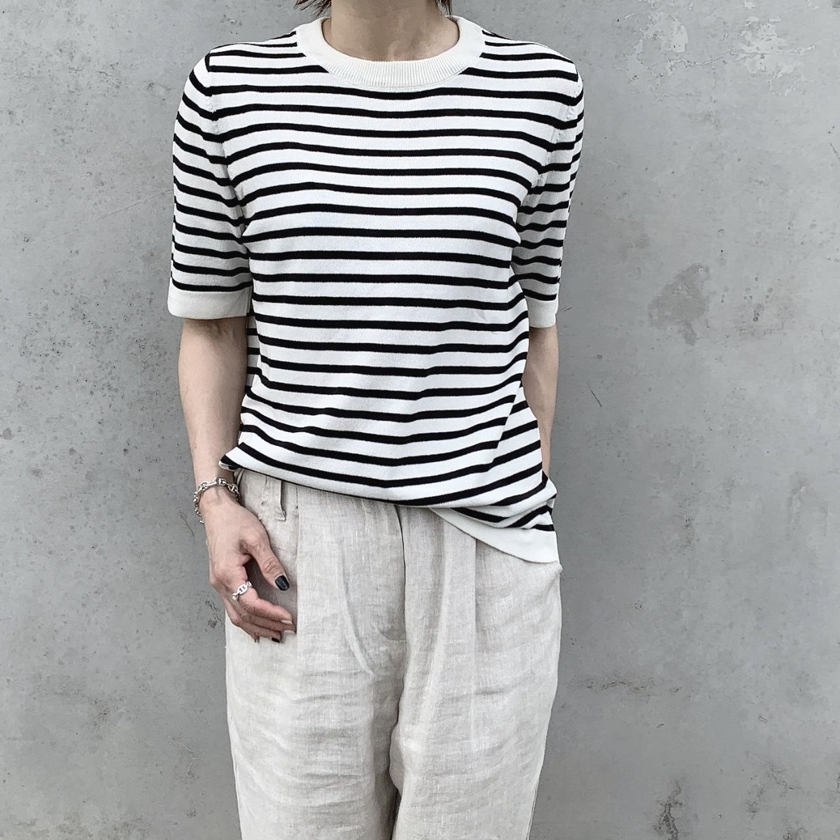 ok.soon ネイビー ストライプ Tシャツ　サイズ2 マルチストライプシャツyellow,blue | ok.soon