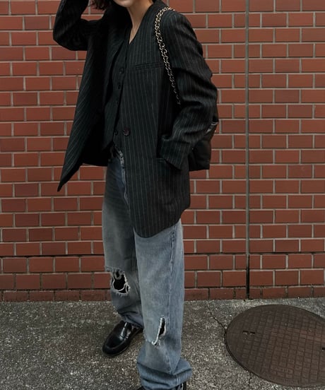 pinstripe collarless jacket&vest