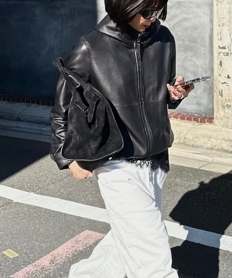 hooded leather blouson(black)