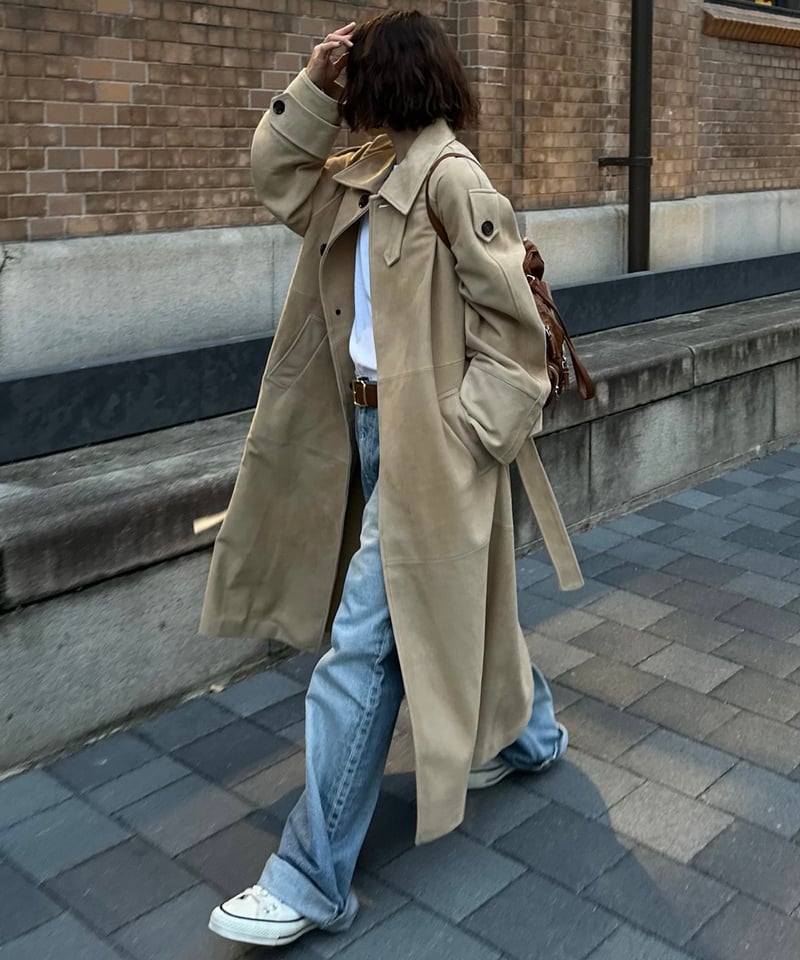 suede leather long coat | ok.soon