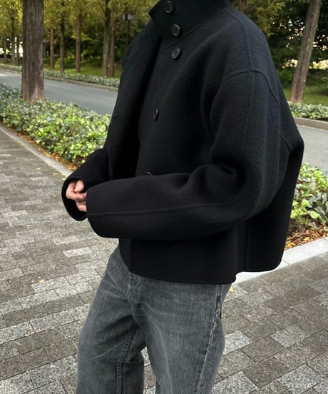 stand collar short coat(gray/black)