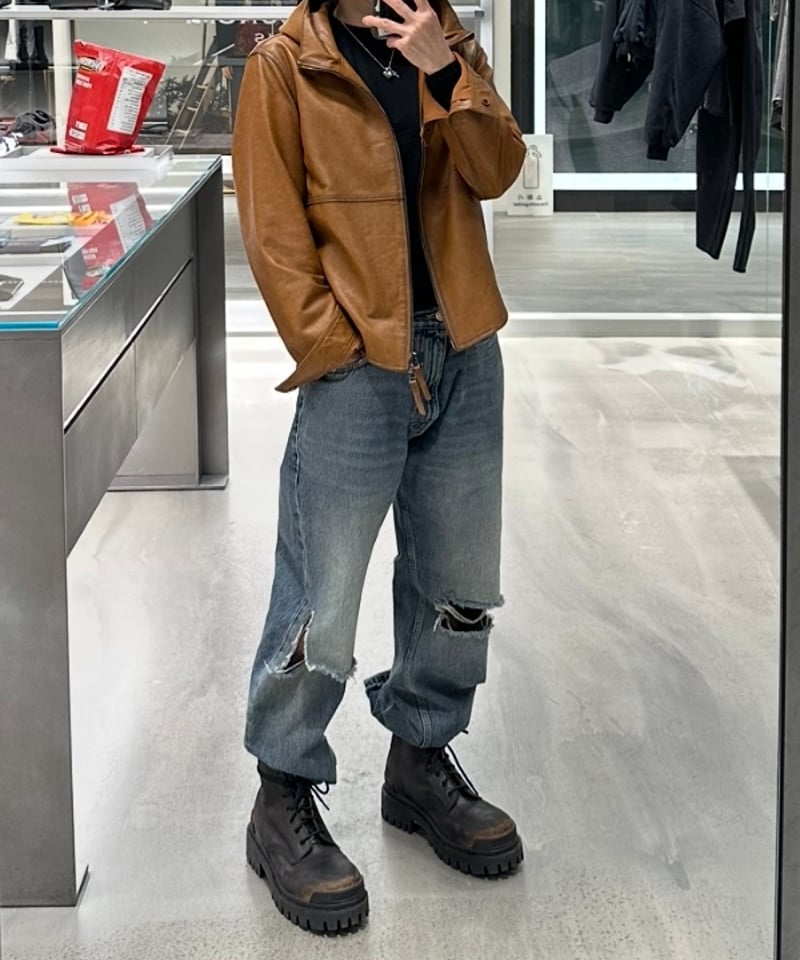 hooded leather blouson(camel) | ok.soon