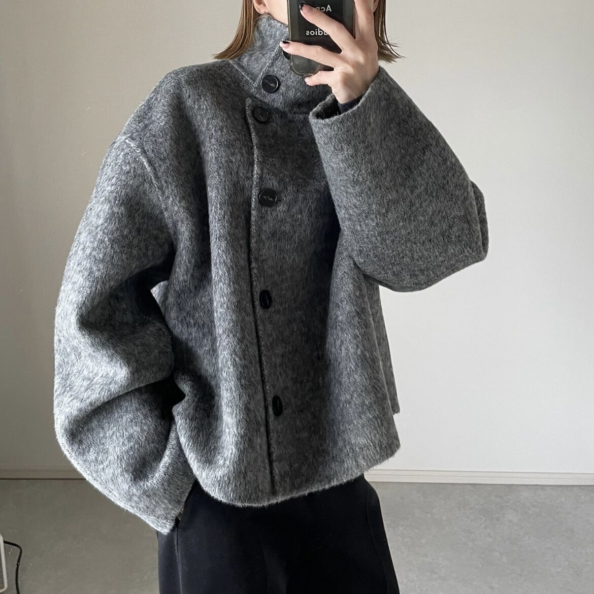 スタンドカラーショートコートgray,ecru | ok.soon