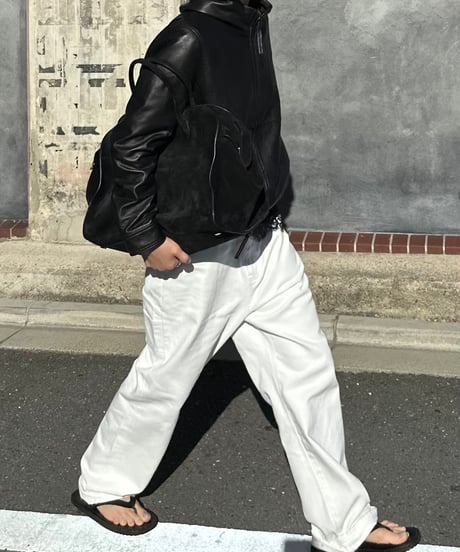 hooded leather blouson(black)