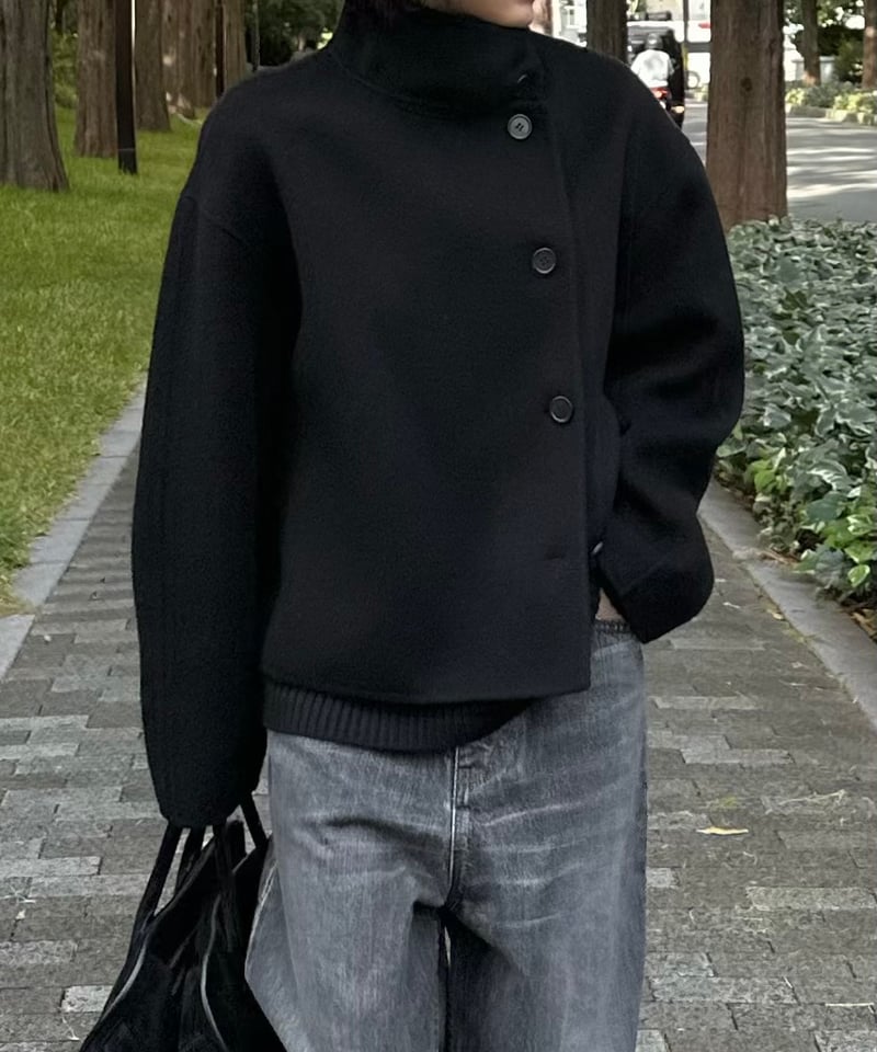 stand collar short coat(gray/black) | ok.soon
