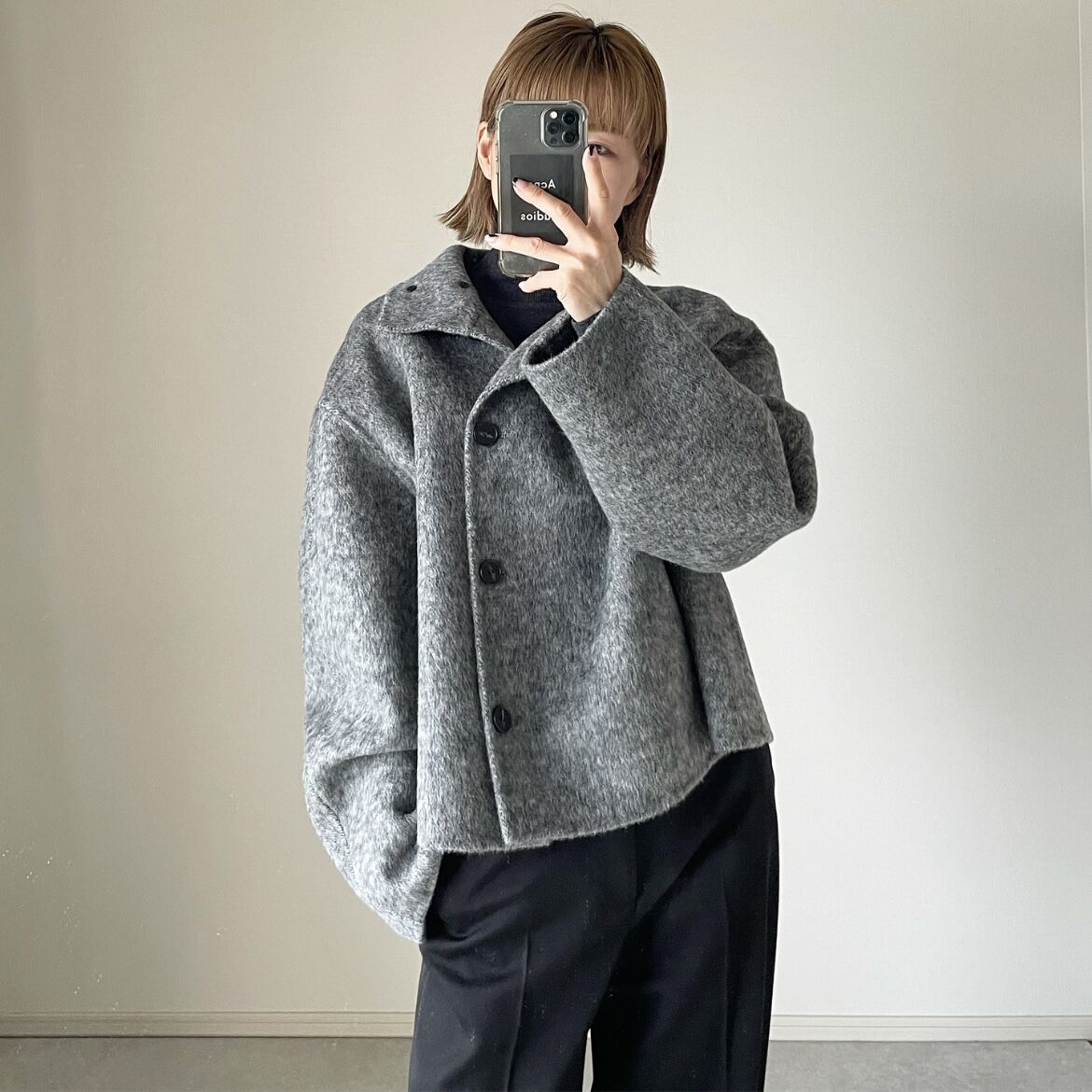 スタンドカラーショートコートgray,ecru | ok.soon スタンドカラーショートコートgray,ecru | ok.soon