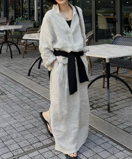 linen shirt&long skirt relax setup