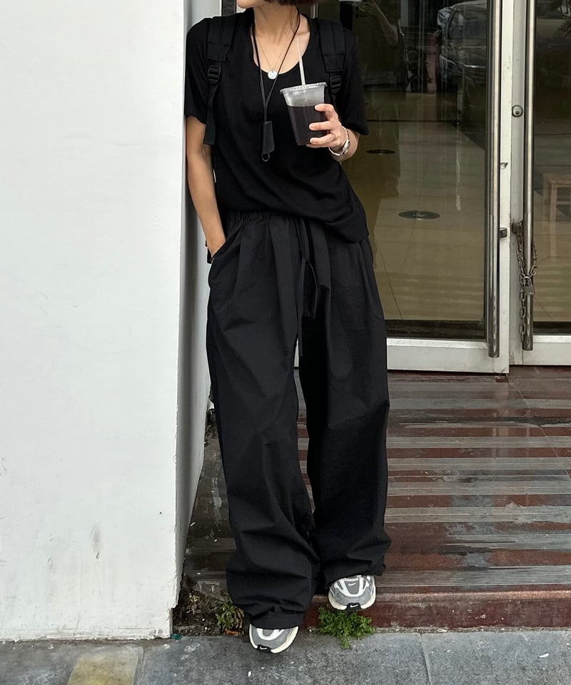 ★lalafox★HALF DENIM HALF SWEAT PANTS★Black★韓国★大人気 day half sleeve t&day nylon wide pants | ok.soon