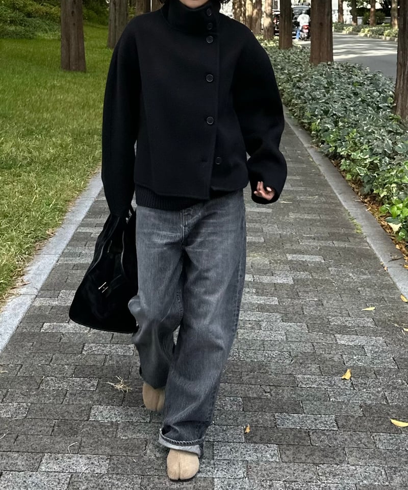 stand collar short coat(gray/black) | ok.soon