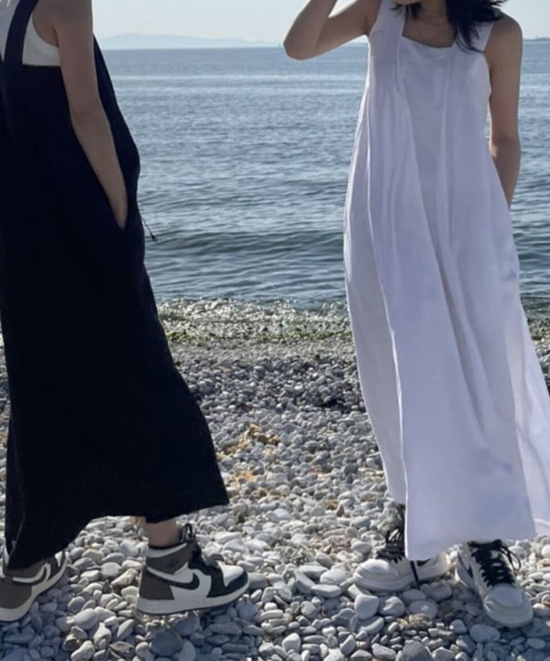 ハンドメイド　リネン　刺し子　ゆったり　ロングワンピース　ホワイト リネンロングワンピースwhite,black | ok.soon