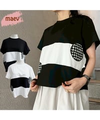 maev【2026年新作】4月新作 ドット柄パッチワーク切り替えTシャツ Tシャツ トップス プルオーバー(123-0006-698)
