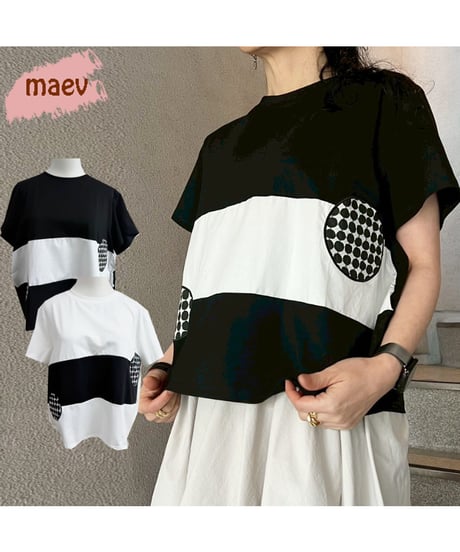 maev【2026年新作】4月新作 ドット柄パッチワーク切り替えTシャツ Tシャツ トップス プルオーバー(123-0006-698)