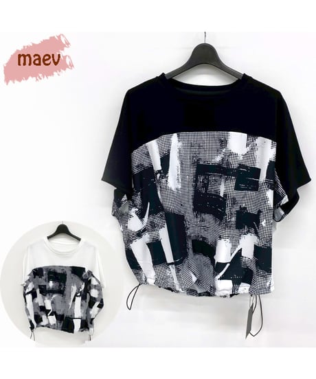 maev【2026年新作】7月新作 モザイク柄切り替え 裾絞りデザインTシャツ Tシャツ トップス プルオーバー(123-0006-768)