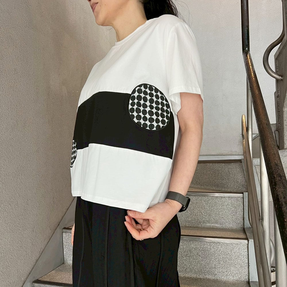 maev【2026年新作】4月新作 ドット柄パッチワーク切り替えTシャツ Tシャツ トップス ...