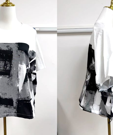 maev【2026年新作】7月新作 モザイク柄切り替え 裾絞りデザインTシャツ Tシャツ トップス プルオーバー(123-0006-768)