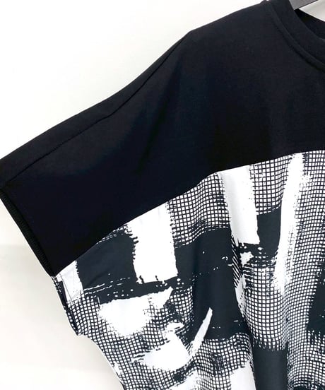 maev【2026年新作】7月新作 モザイク柄切り替え 裾絞りデザインTシャツ Tシャツ トップス プルオーバー(123-0006-768)