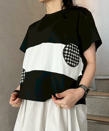 maev【2026年新作】4月新作 ドット柄パッチワーク切り替えTシャツ Tシャツ トップス プルオーバー(123-0006-698)