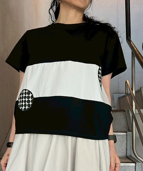 maev【2026年新作】4月新作 ドット柄パッチワーク切り替えTシャツ Tシャツ トップス プルオーバー(123-0006-698)