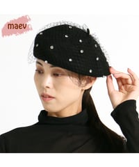 【SALE 20%OFF!!】maev 11月新作 秋冬 レース付きビジューベレー帽 べレー帽子 ニット 帽子(129-0164)
