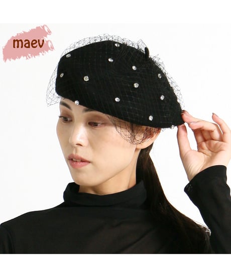 【SALE 20%OFF!!】maev 11月新作 秋冬 レース付きビジューベレー帽 べレー帽子 ニット 帽子(129-0164)
