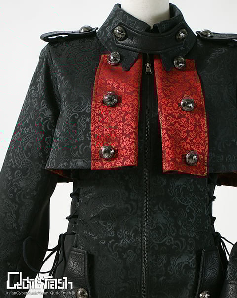 QutieFrash ファーコート 黒×赤 QutieFrash ライダース型ロングコート 黒×赤