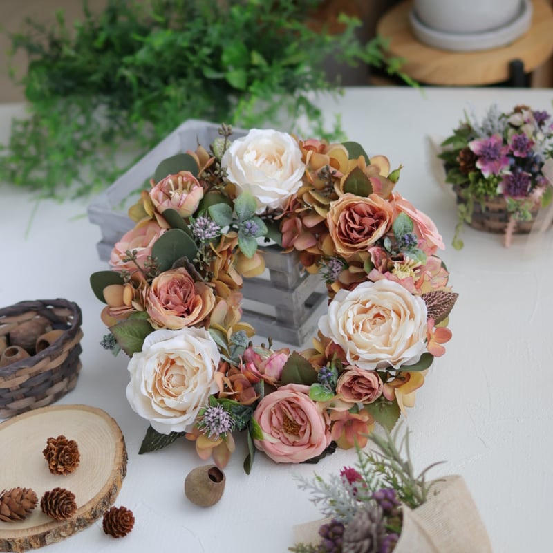 フレンチローズの秋色リース】 アーティフィシャルフラワー 直径25