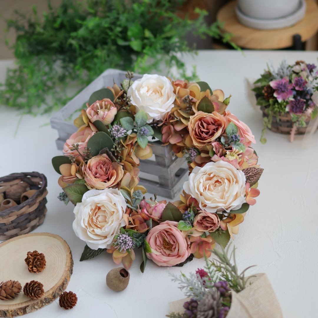 フレンチローズの秋色リース】 アーティフィシャルフラワー 直径25