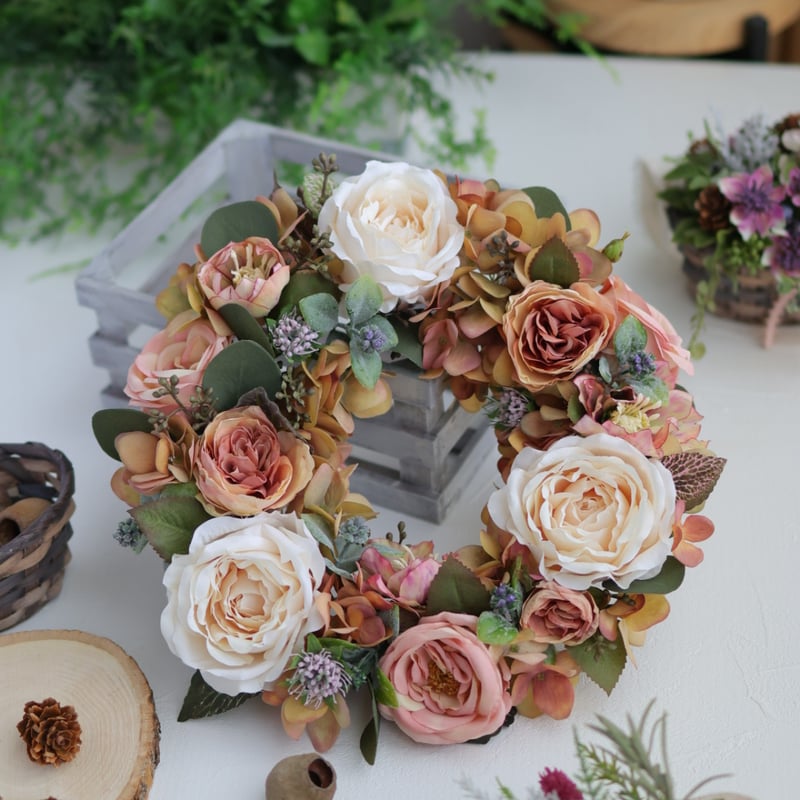 フレンチローズの秋色リース】 アーティフィシャルフラワー 直径25