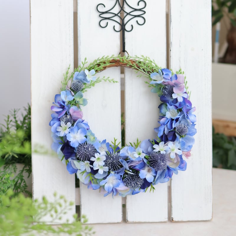 青の三日月リース アーティフィシャルフラワー 直径23㎝ ブルー系