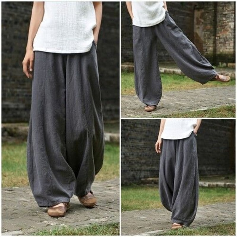 アジアン エスニック サルエル ロングパンツ 黒 無地 ゴム 綿 ワイド