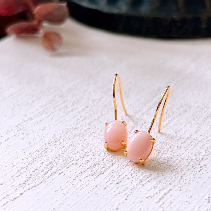 天然石ピンクオパール18kgpフックピアス 10月誕生石 Pink Opal pierce 8