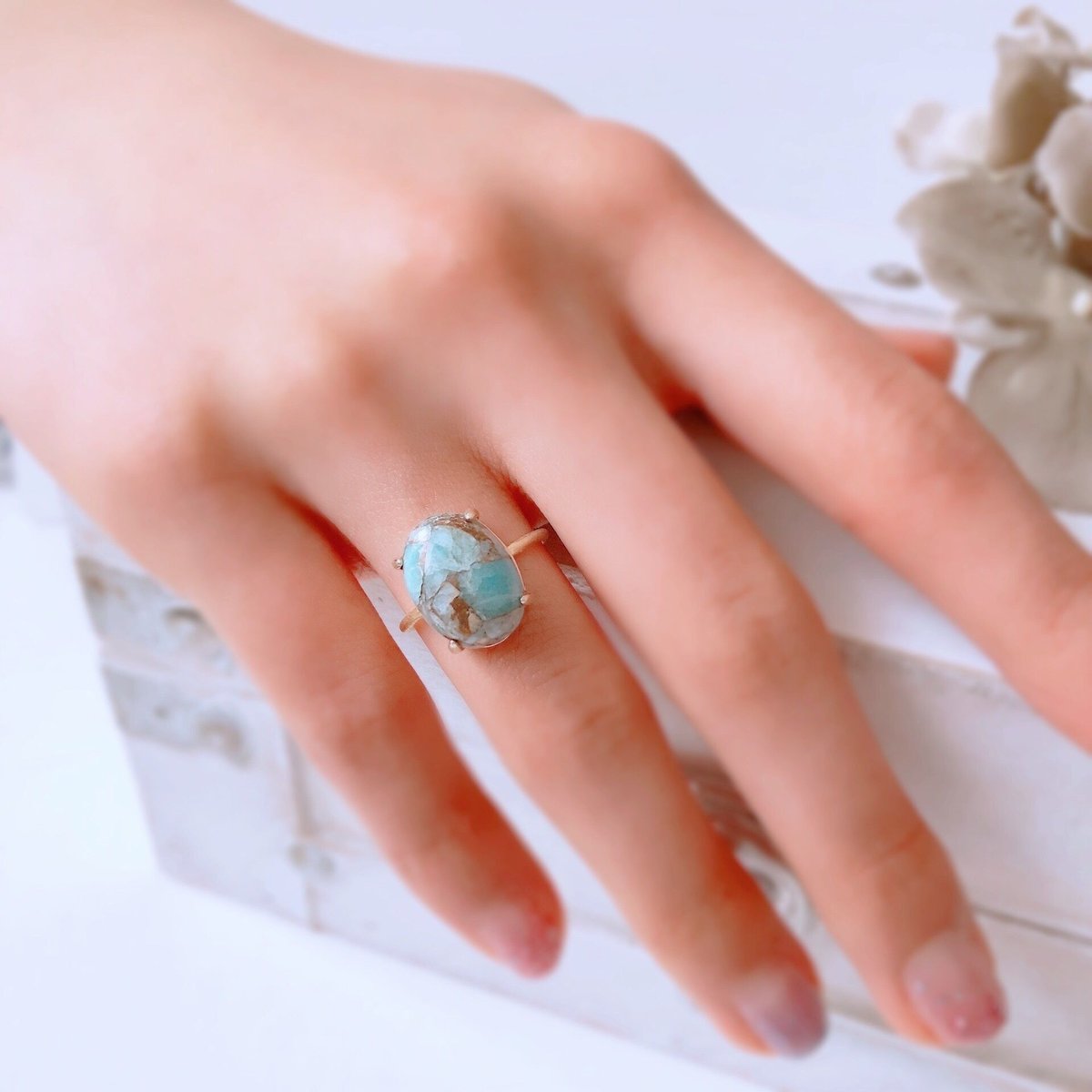大粒天然石コッパーアマゾナイト silver925製18kgpリング 14×10mm 9号/