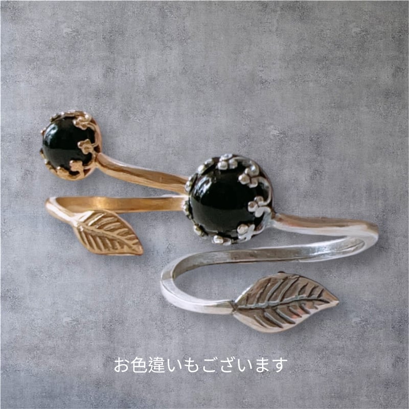 天然石ブラックオニキスアンティークsilver銀古美ベゼル＆リーフリング