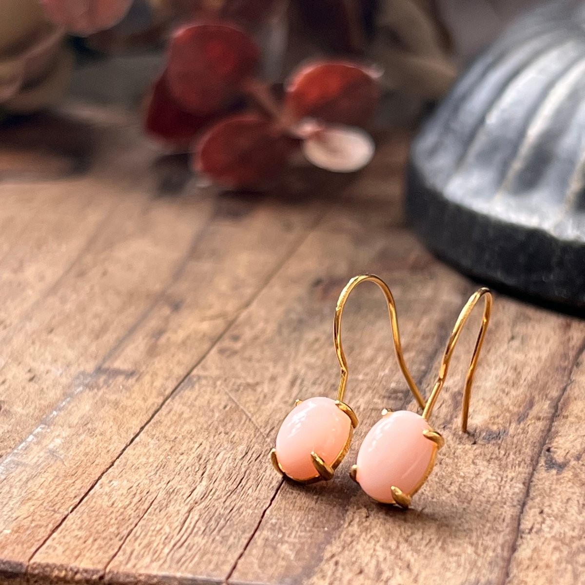 天然石ピンクオパール18kgpフックピアス 10月誕生石 Pink Opal pierce 8