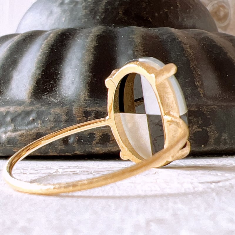 天然石オニキス×ホワイトシェルsilver925製ゴールドリング 14×10mm 9号  