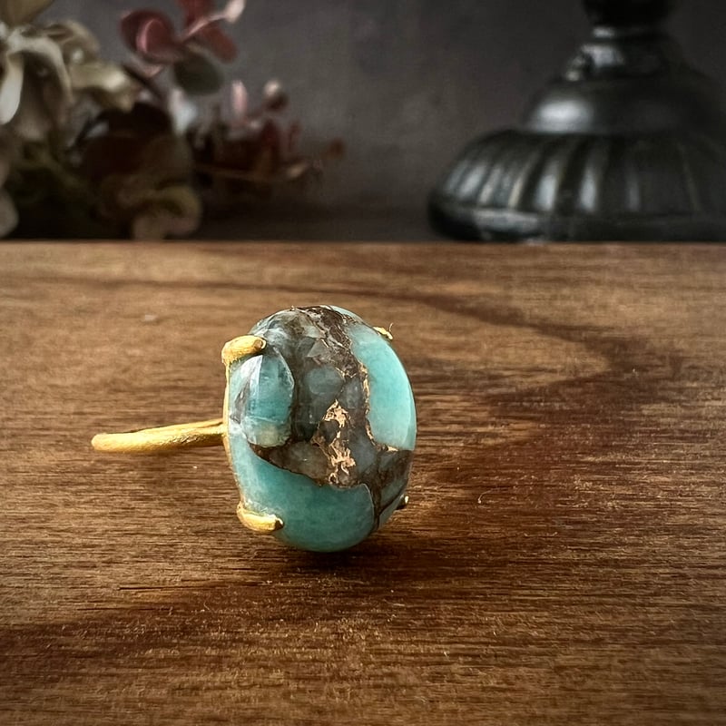 大粒天然石コッパーアマゾナイト silver925製18kgpリング 14