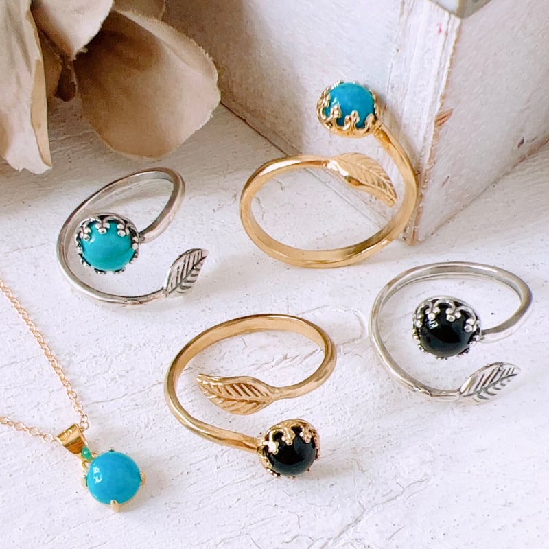 天然石ブラックオニキスゴールドベゼル＆リーフリング 6mmラウンド