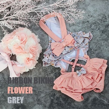 【予約】HAPPYJJANGGU♪ ribbon Bikini【flower gray】