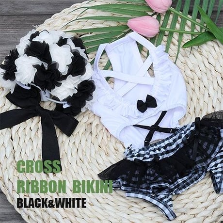 【予約】HAPPYJJANGGU♪Cross ribbon Bikini【Black×White】
