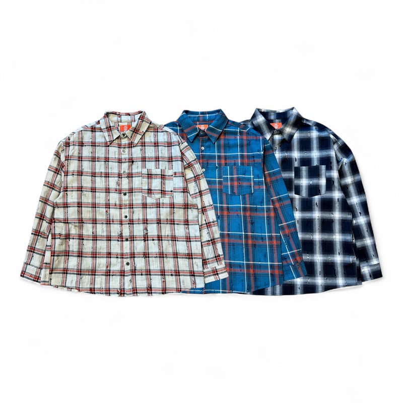 OVER THE DAY TOKYO】Distressed LS Check Shirt |