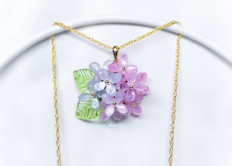 【送料無料】モクモク　シリーズ⑪　「紫陽花　お花のネックレス」 送料無料】モクモクシリーズ⑪「紫陽花お花のネックレス」