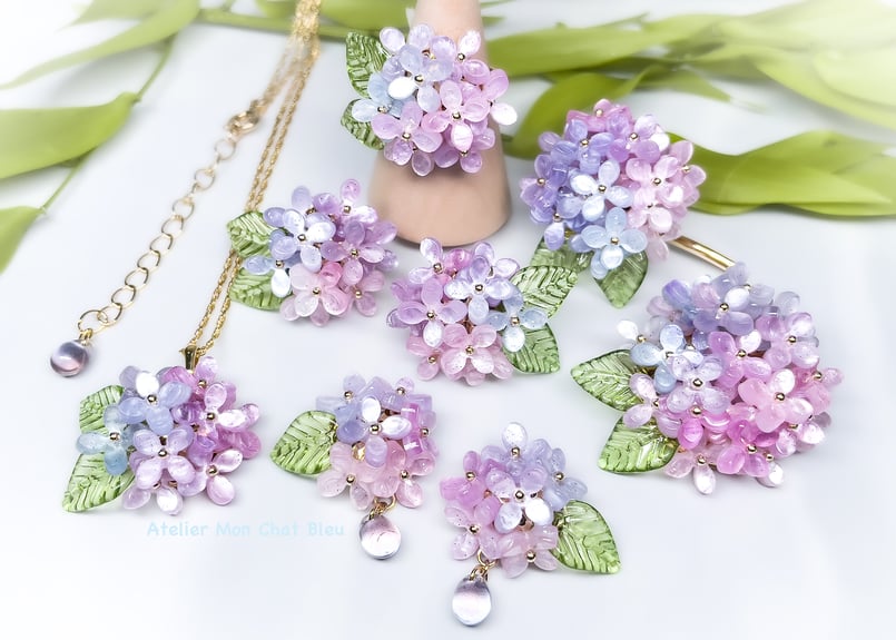 紫陽花のブローチ ピンク×ブルー | Atelier Mon Chat Bleu