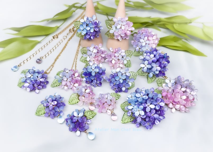 在庫限り】紫陽花のポニーフック ピンク×ブルー | Atelier Mon Chat Bleu