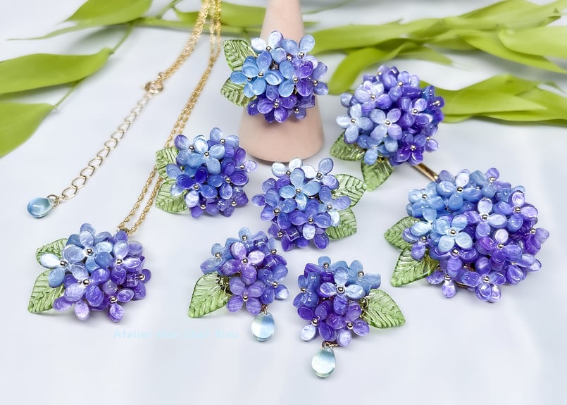 紫陽花のブローチ バイオレット×ブルー | Atelier Mon Chat Bleu