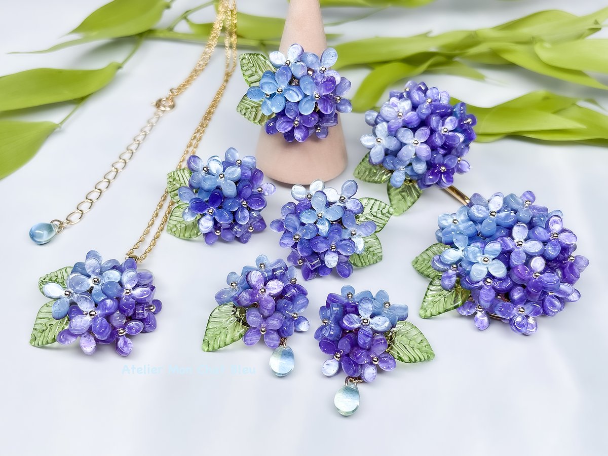 紫陽花のブローチ バイオレット×ブルー | Atelier Mon Chat Bleu